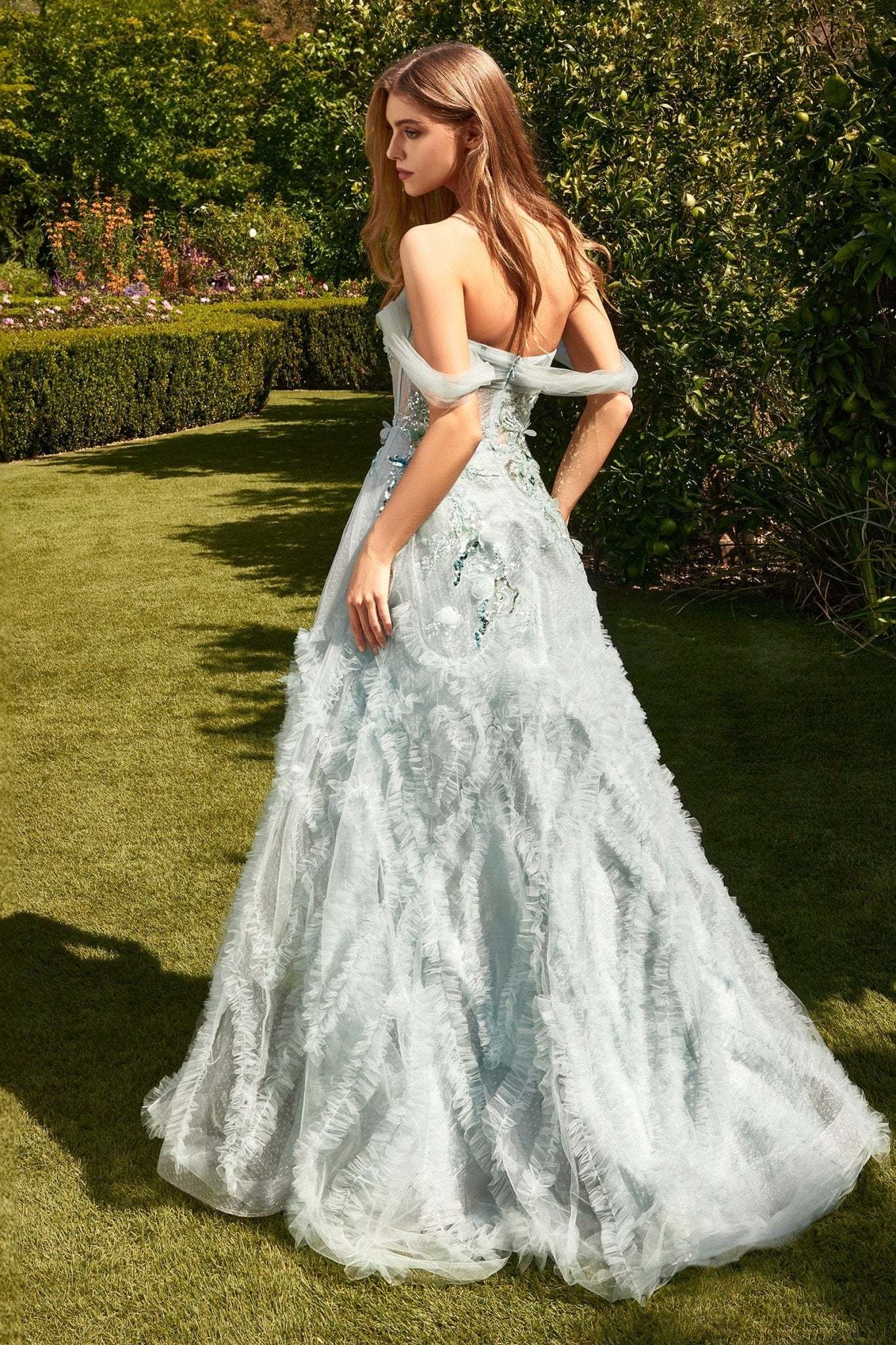 Enchanting Sweetheart Off-The-Shoulder Sleeves Pleated Blue Ball Gown #A1343