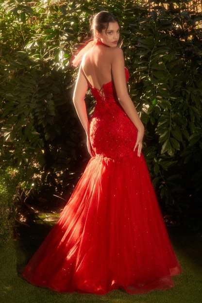 Sultry Strapless Layered Glitter Tulle Skirt Red Mermaid Gown #A1345
