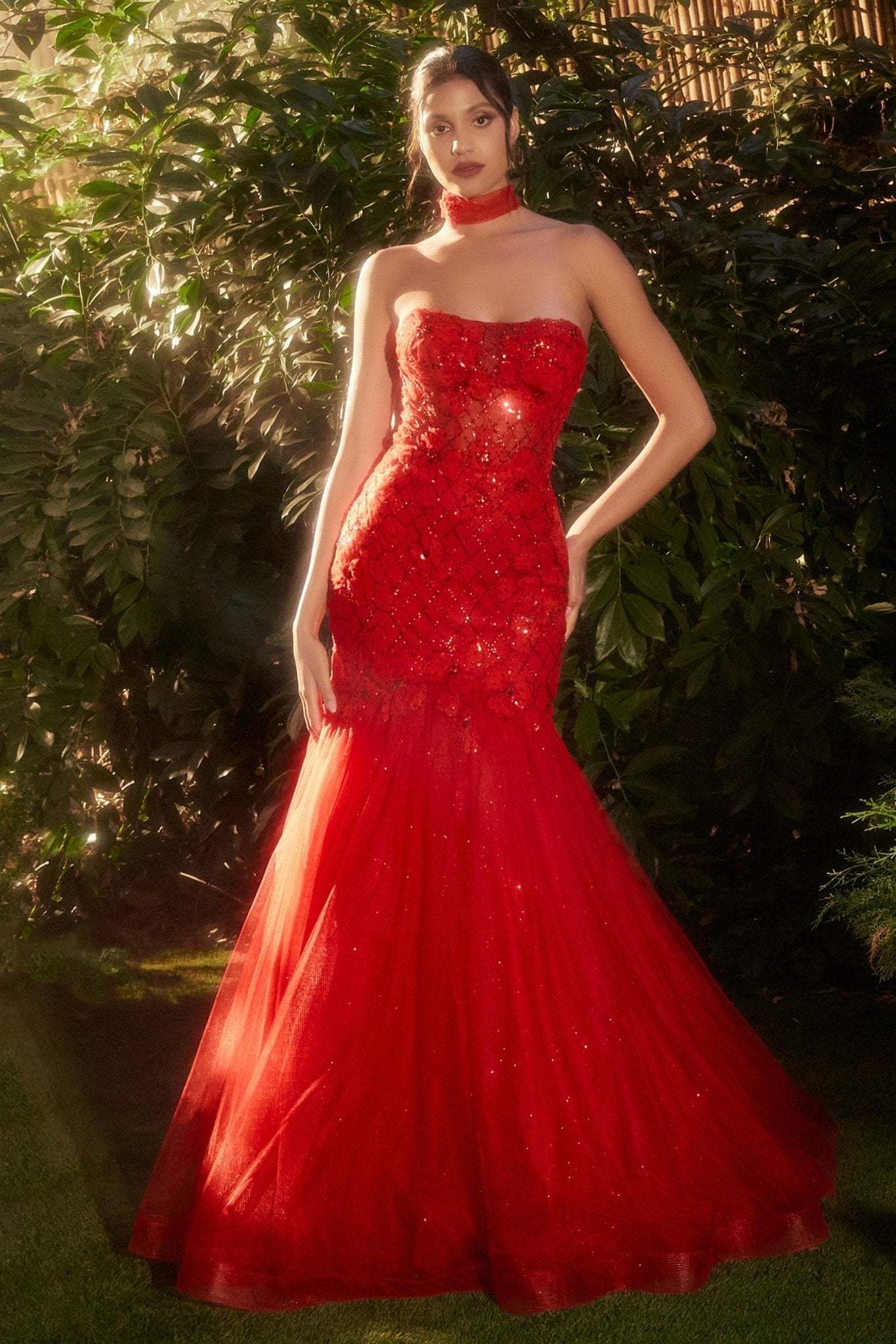 Sultry Strapless Layered Glitter Tulle Skirt Red Mermaid Gown #A1345