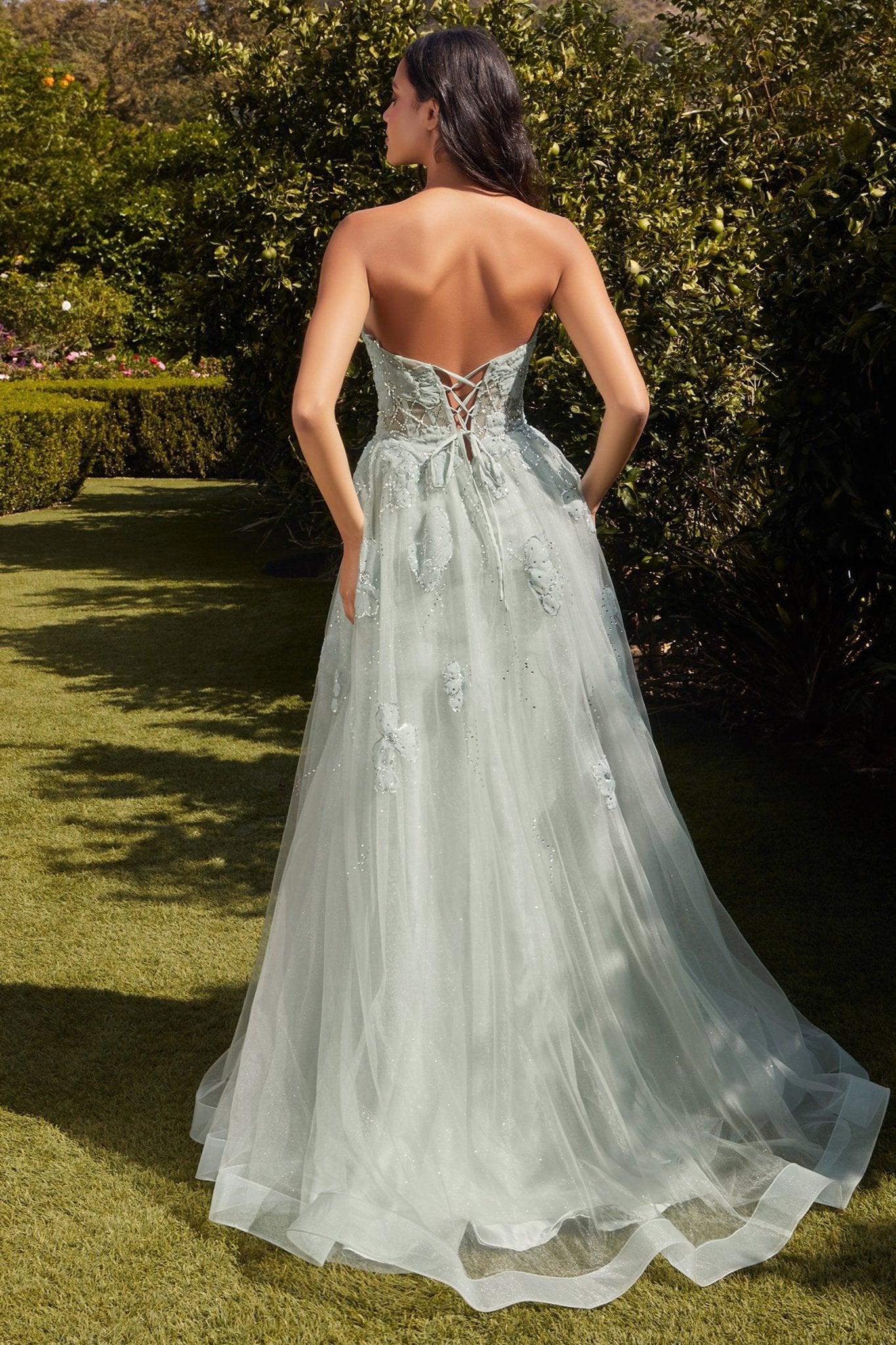 Delicate A-Line Strapless Floral Cut-Out Appliques Tulle Gown #A1346