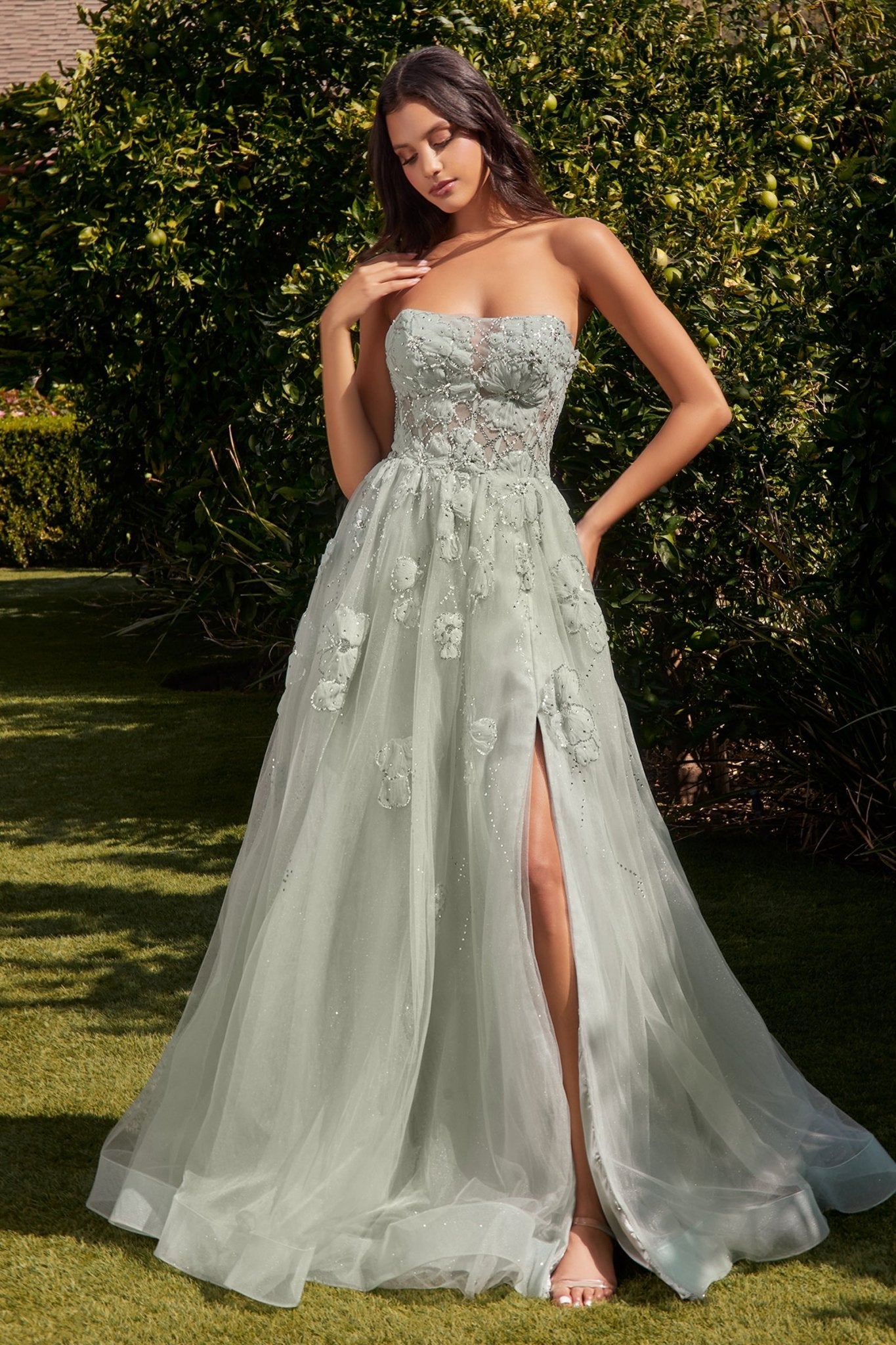Delicate A-Line Strapless Floral Cut-Out Appliques Tulle Gown #A1346