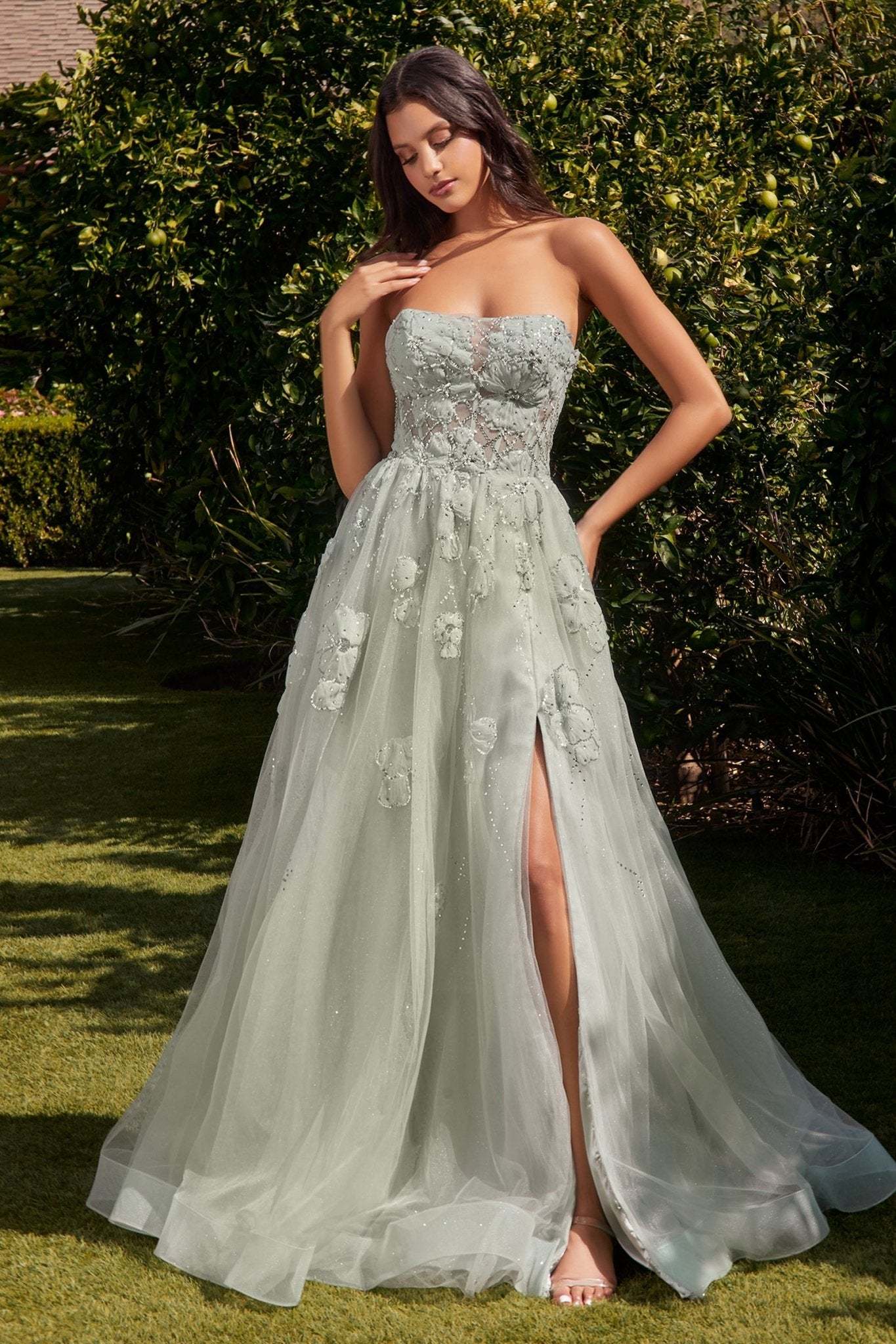 Delicate A-Line Strapless Floral Cut-Out Appliques Tulle Gown #A1346