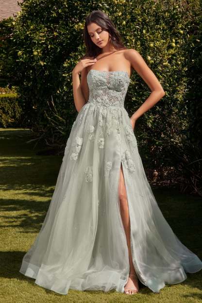 Delicate A-Line Strapless Floral Cut-Out Appliques Tulle Gown #A1346
