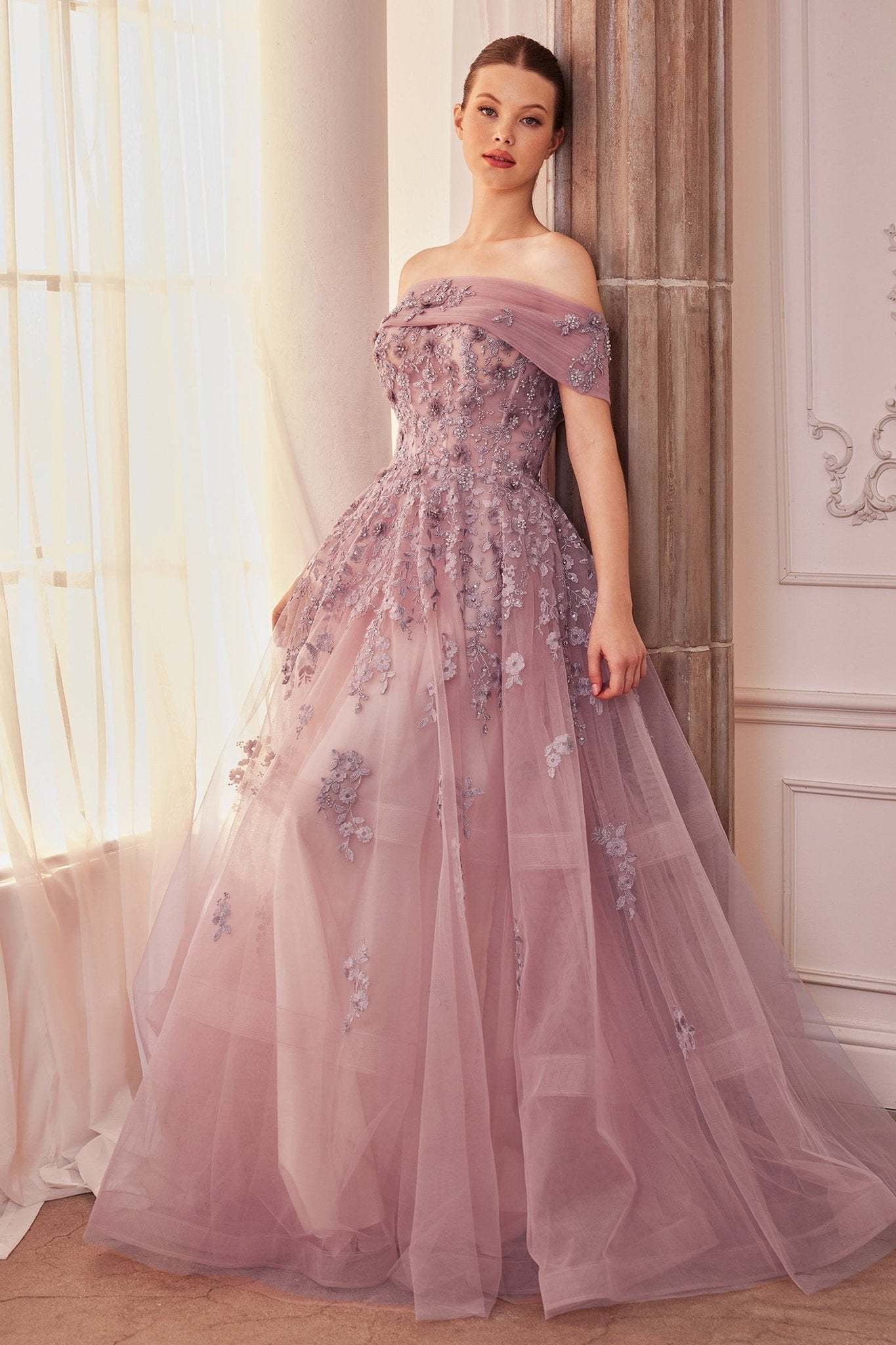 Elegance A-Line Violet Strapless Tulle Floral Lace Appliques Gown #A1348