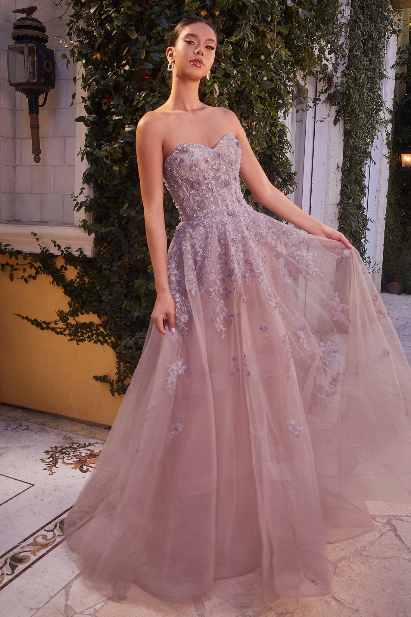 Elegance A-Line Violet Strapless Tulle Floral Lace Appliques Gown #A1348