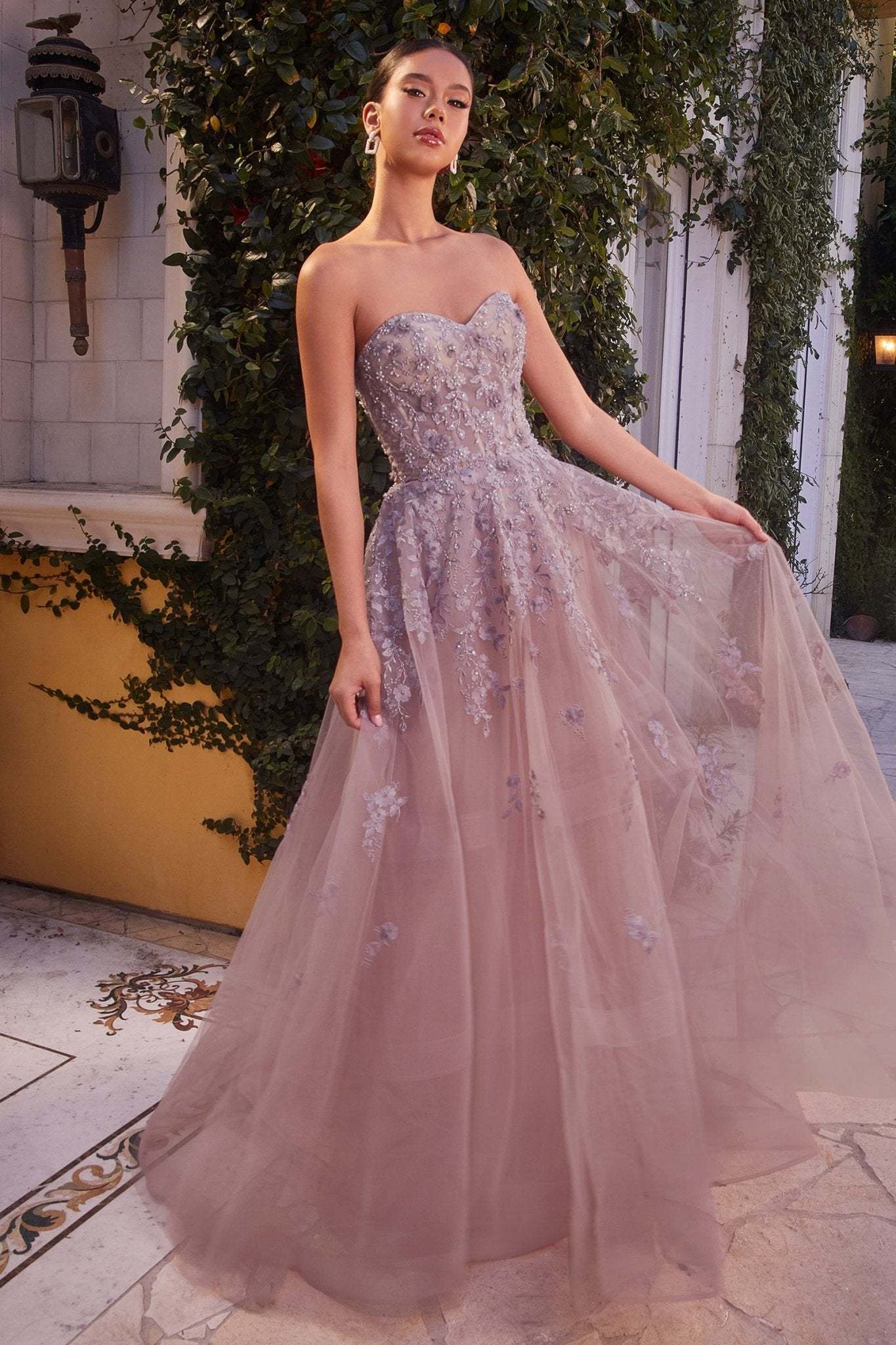 Elegance A-Line Violet Strapless Tulle Floral Lace Appliques Gown #A1348