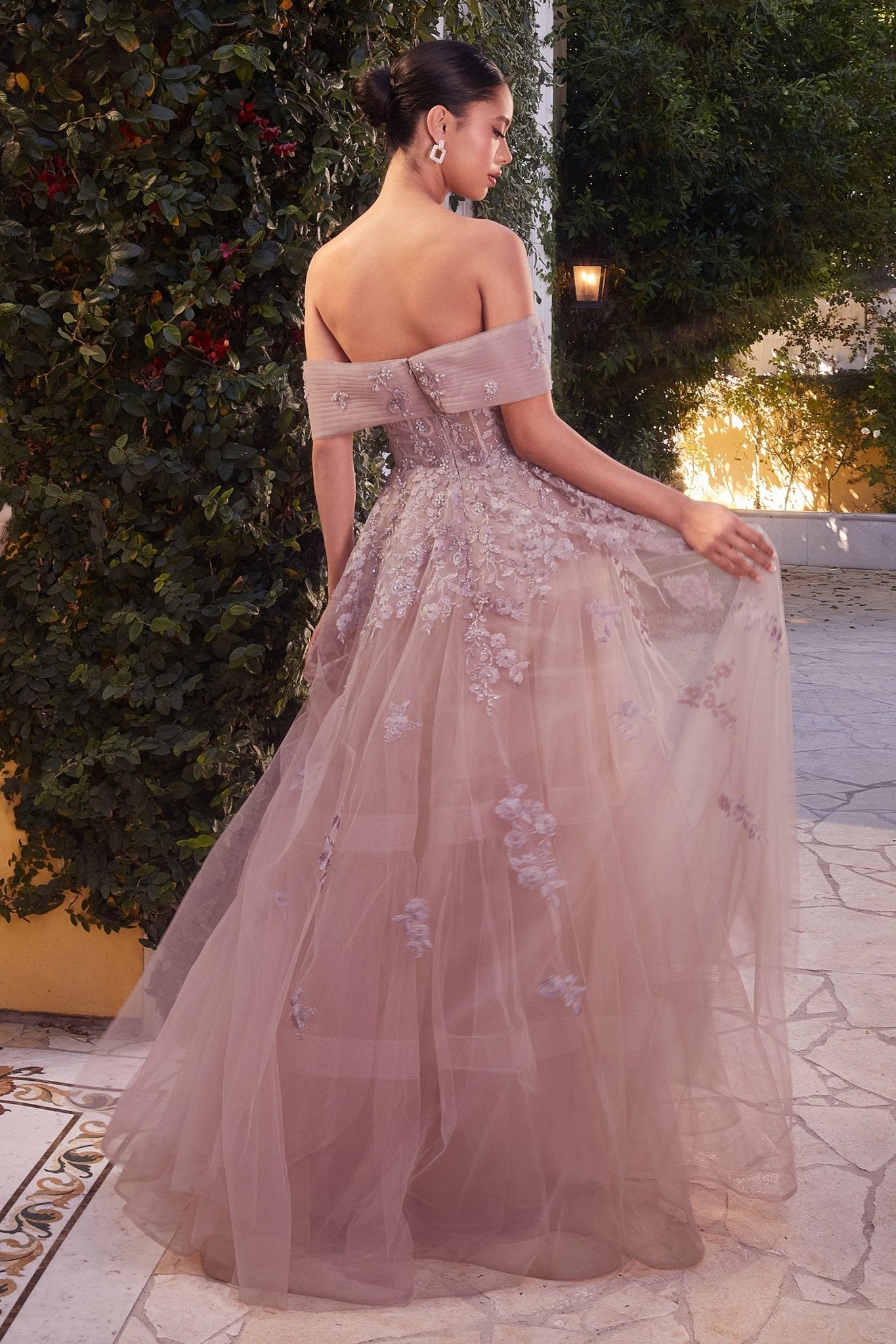 Elegance A-Line Violet Strapless Tulle Floral Lace Appliques Gown #A1348