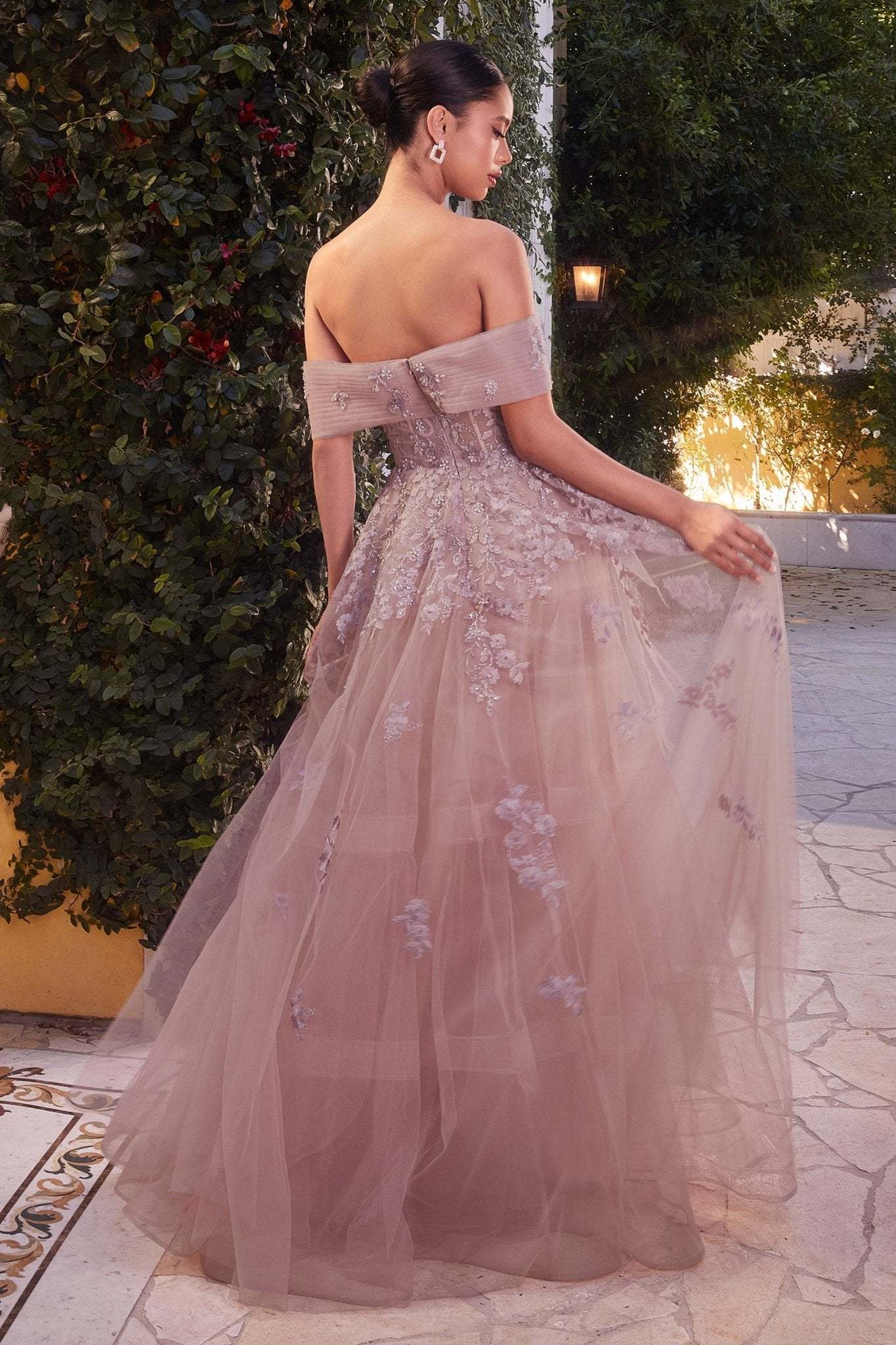 Elegance A-Line Violet Strapless Tulle Floral Lace Appliques Gown #A1348