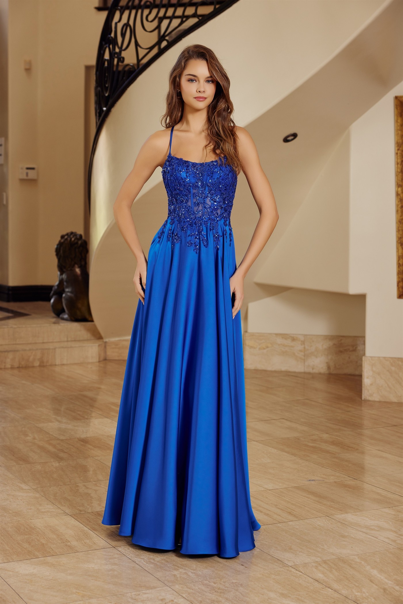 A-Line Stretch Satin Lace-Up Back Sequined Woven Applique Prom Dress #A1725