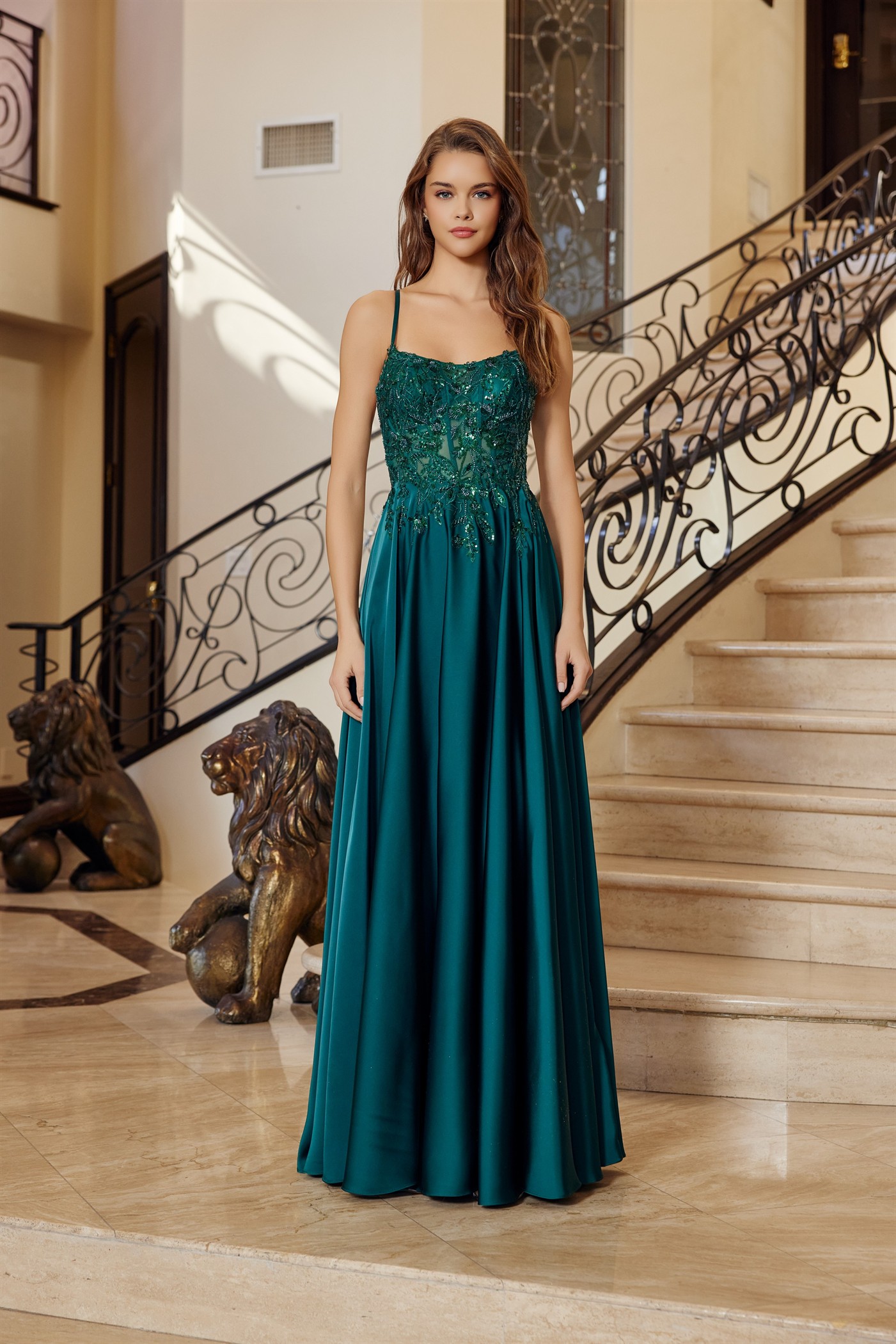 A-Line Stretch Satin Lace-Up Back Sequined Woven Applique Prom Dress #A1725
