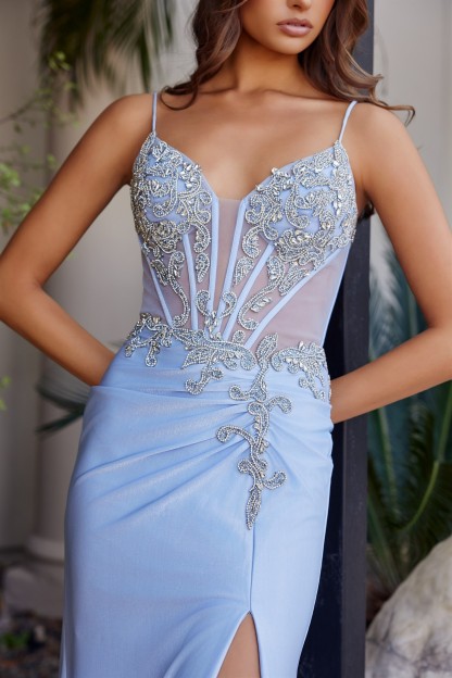 Deep V Neckline Fitted Bodice Thigh Split Spaghetti Straps Prom Dress #A1740