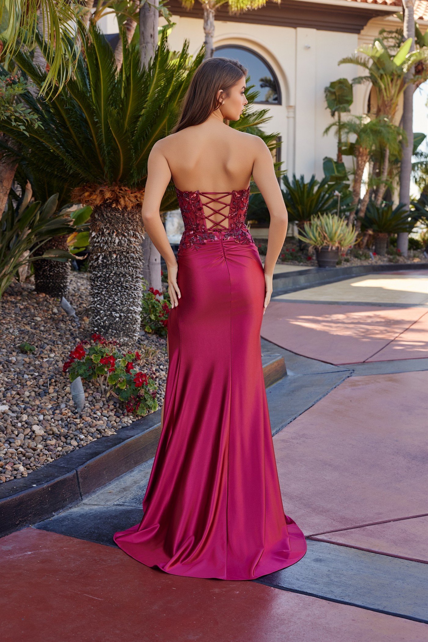 Strapless Sequin Applique Illusion Bodice Daring Thigh Slit Prom Dress #A1743