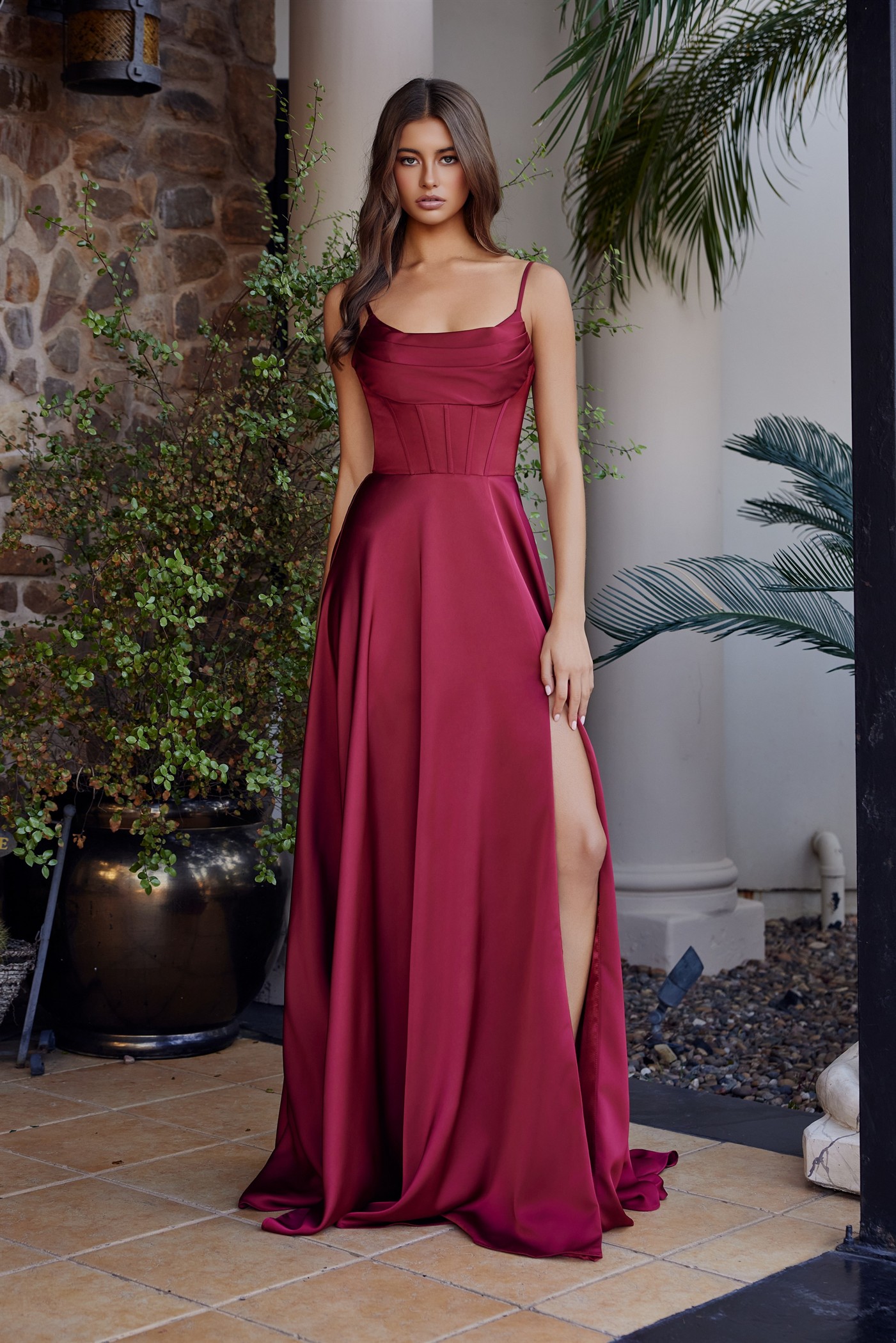 A-Line Scoop Neckline Stretch Satin Boned Bodice Thigh Slit Prom Dress #A1744