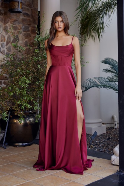 A-Line Scoop Neckline Stretch Satin Boned Bodice Thigh Slit Prom Dress #A1744