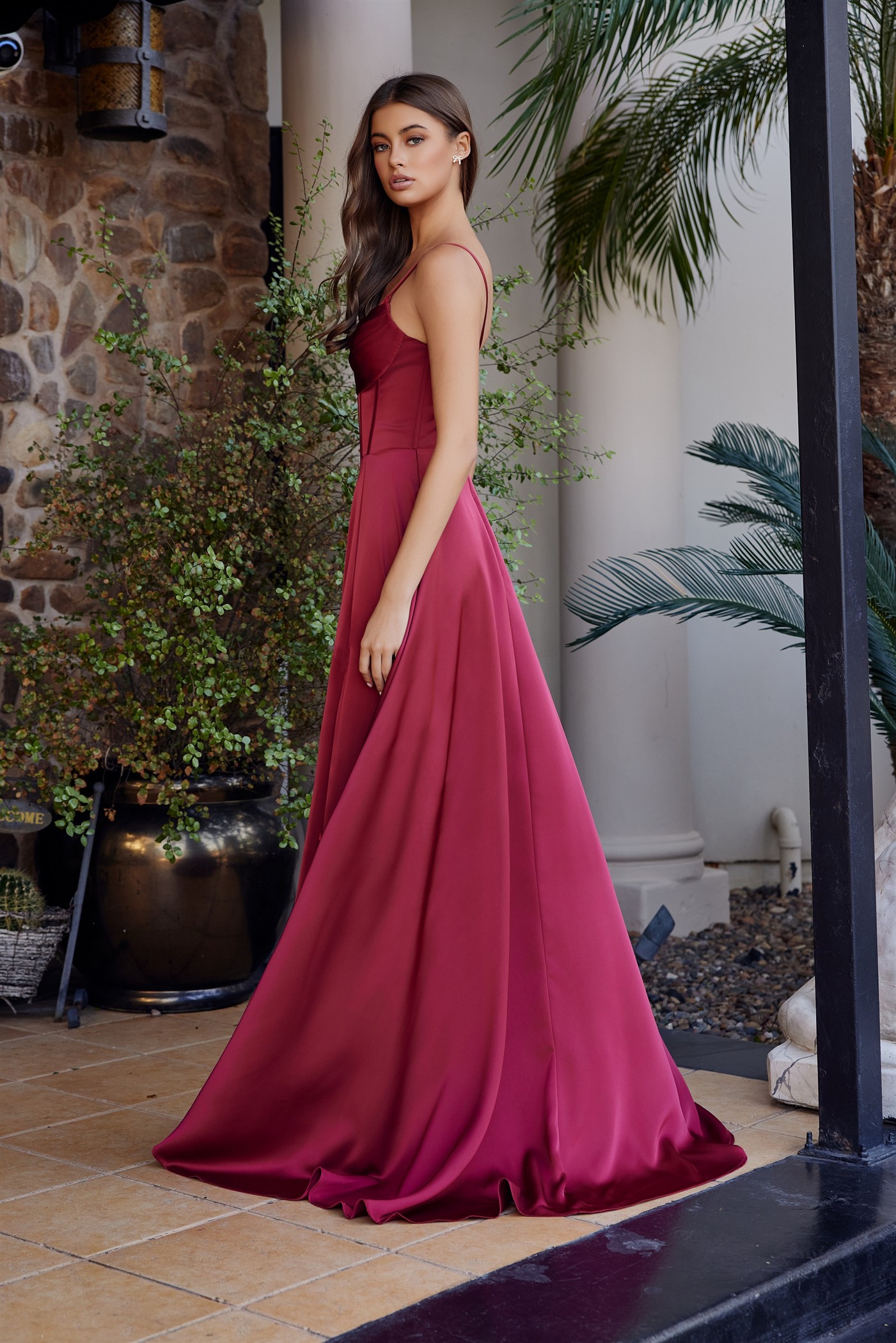 A-Line Scoop Neckline Stretch Satin Boned Bodice Thigh Slit Prom Dress #A1744
