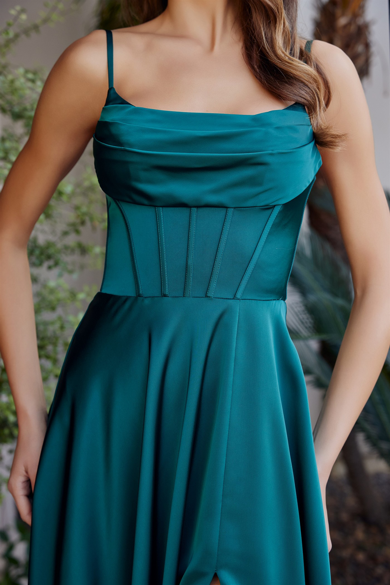 A-Line Scoop Neckline Stretch Satin Boned Bodice Thigh Slit Prom Dress #A1744