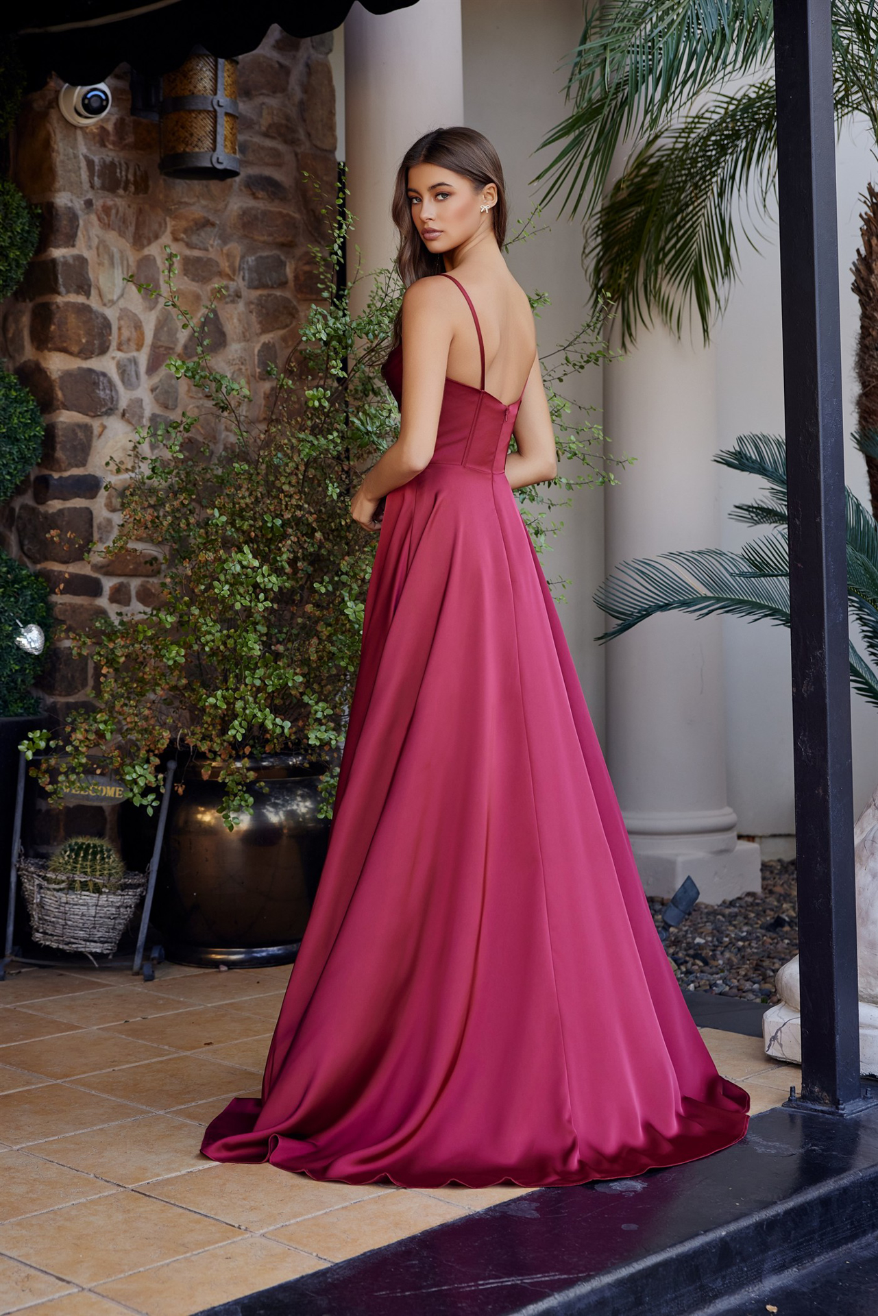 A-Line Scoop Neckline Stretch Satin Boned Bodice Thigh Slit Prom Dress #A1744