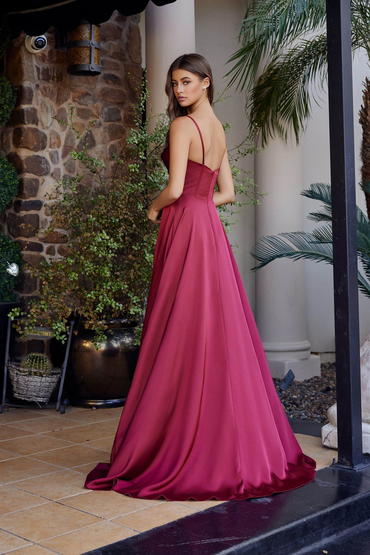 A-Line Scoop Neckline Stretch Satin Boned Bodice Thigh Slit Prom Dress #A1744