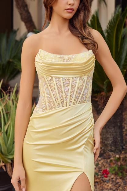 Strapless Peaked Neckline Sequin Applique Thigh High Slit Prom Dress #A1753