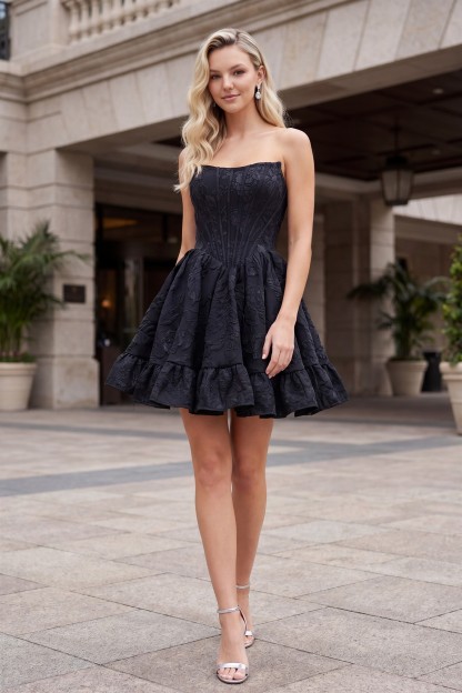 Floral Jacquard Corset Ruffle Mini Dress #A7019