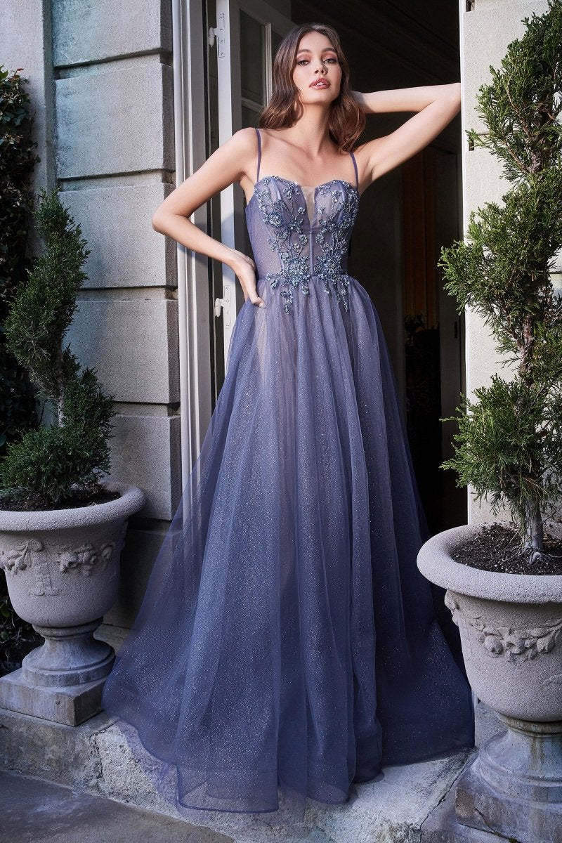 Fitted A-Line Layered Glitter Tulle Floral Motif Smoky Blue Ball Gown #B709