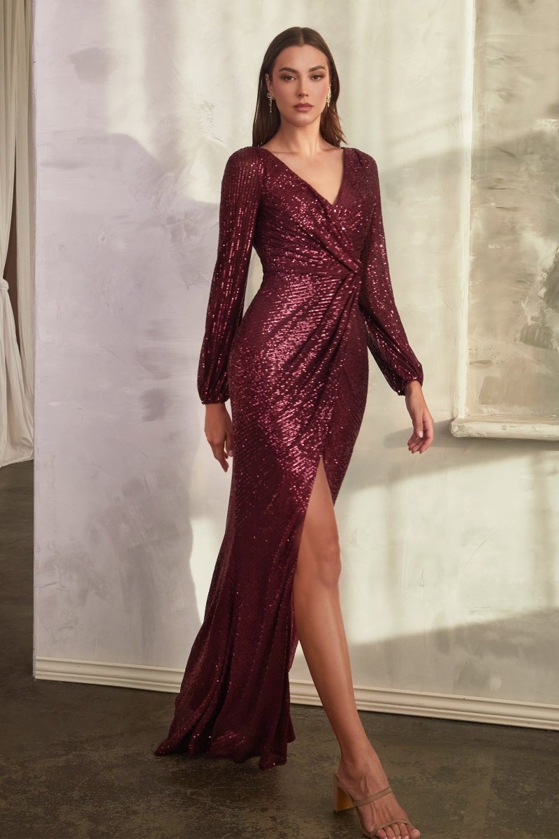 Modern Deep V-Neck Long Sleeve Slit Sequin V-Back Gown #B8422