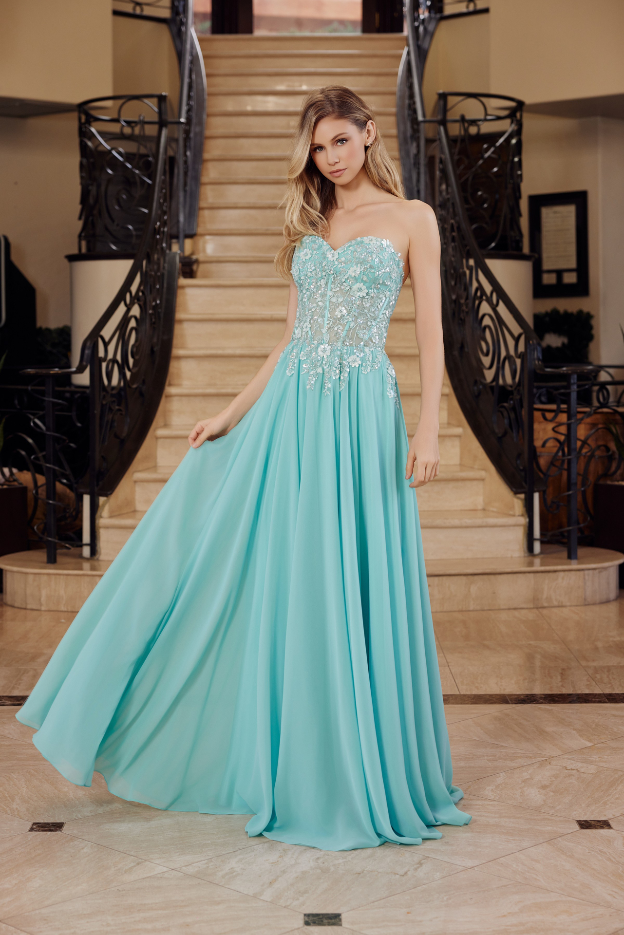 Strapless Applique Corset With Chiffon Skirt Prom Dress #C1617