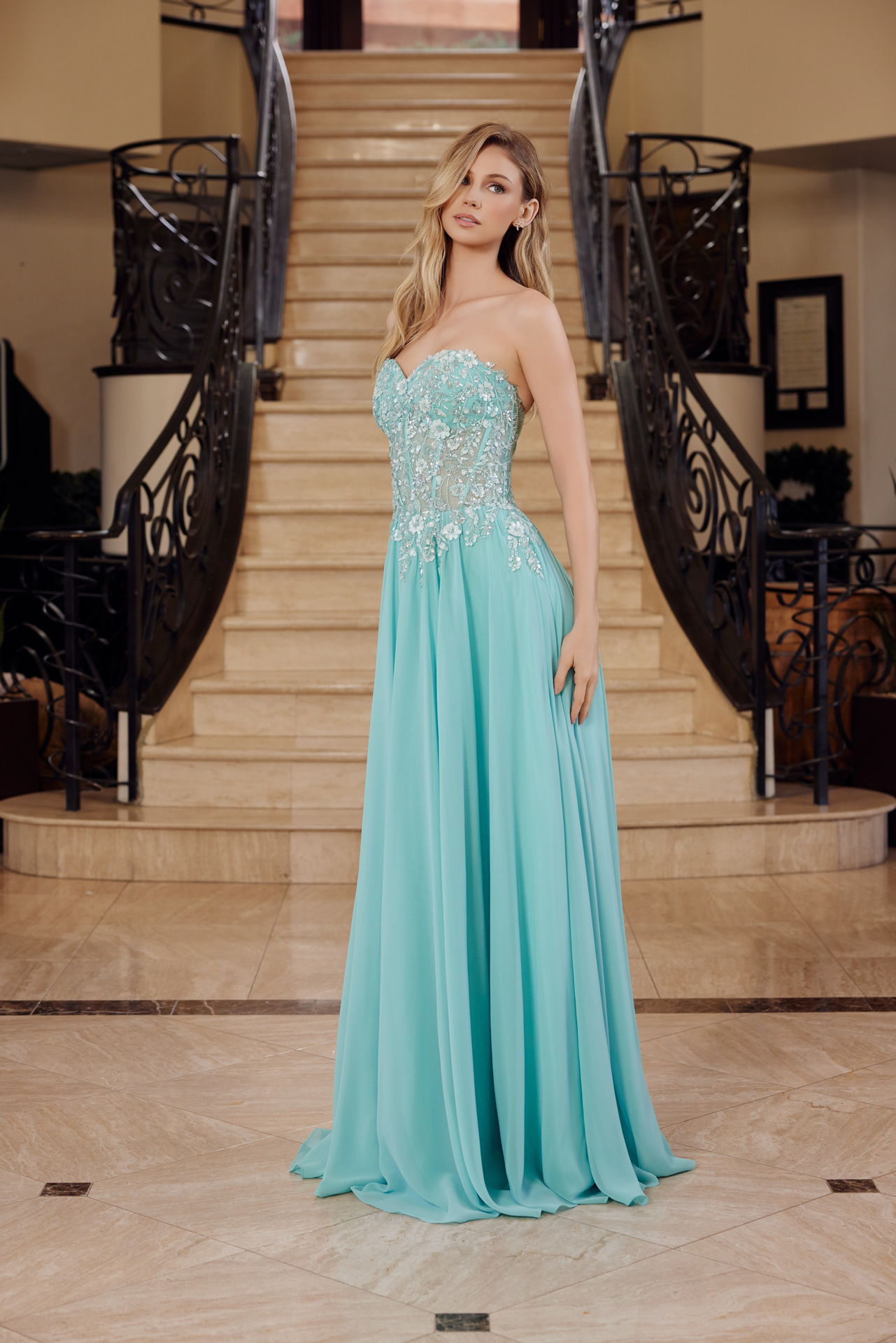 Strapless Applique Corset With Chiffon Skirt Prom Dress #C1617