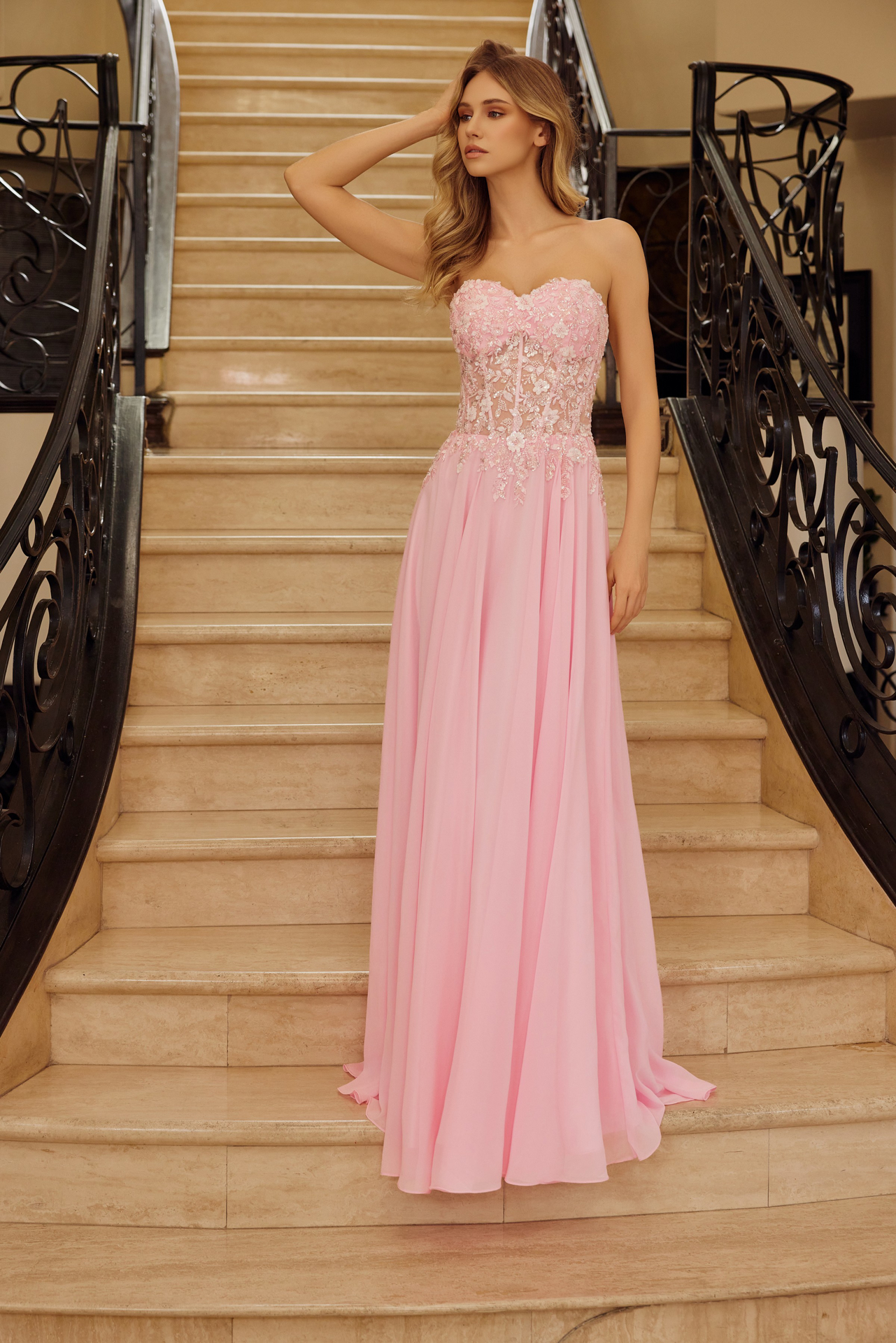 Strapless Applique Corset With Chiffon Skirt Prom Dress #C1617