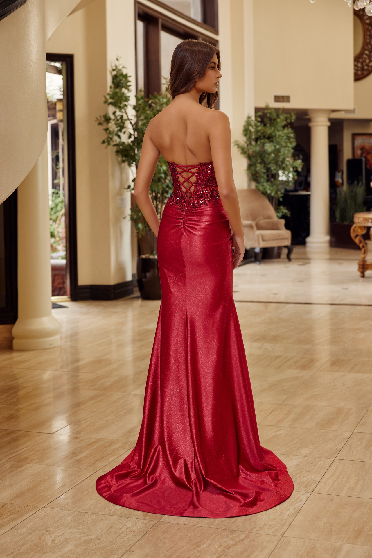 Glitter Satin Sequin Lace Up Bodice Prom Dress #C1630