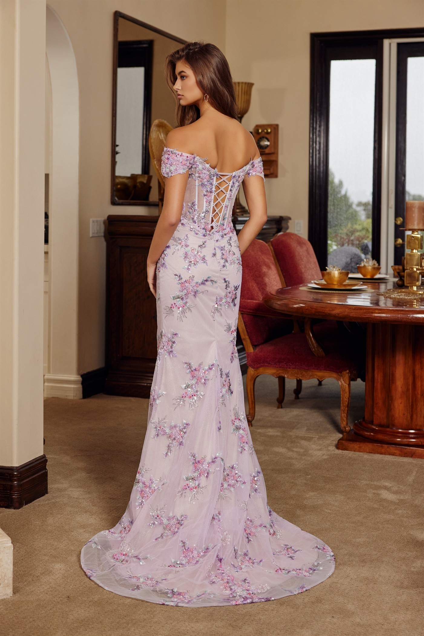 Off Shoulder Silhouette Embroidered Bodice Thigh High Slit Prom Dress #C1829