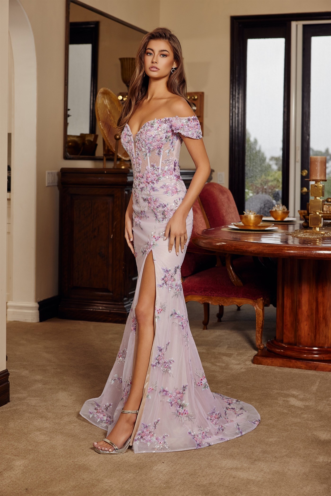 Off Shoulder Silhouette Embroidered Bodice Thigh High Slit Prom Dress #C1829