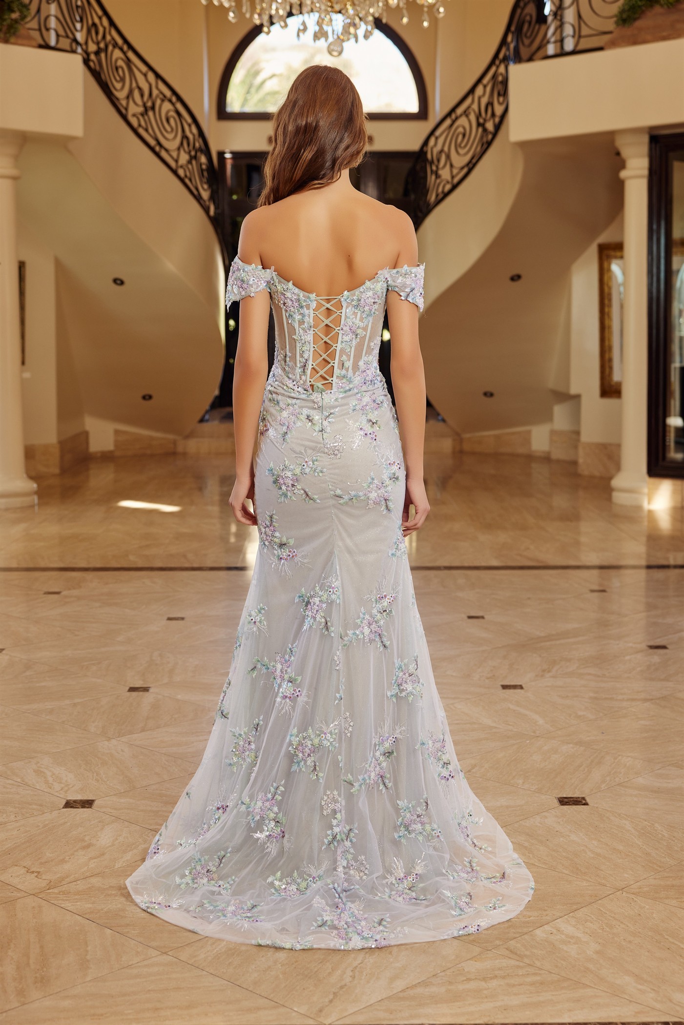 Off Shoulder Silhouette Embroidered Bodice Thigh High Slit Prom Dress #C1829