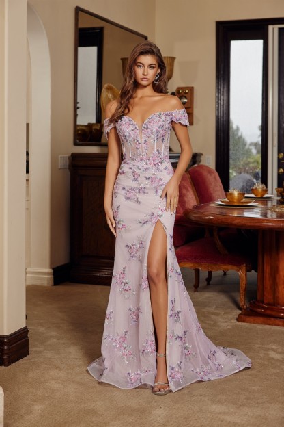 Off Shoulder Silhouette Embroidered Bodice Thigh High Slit Prom Dress #C1829