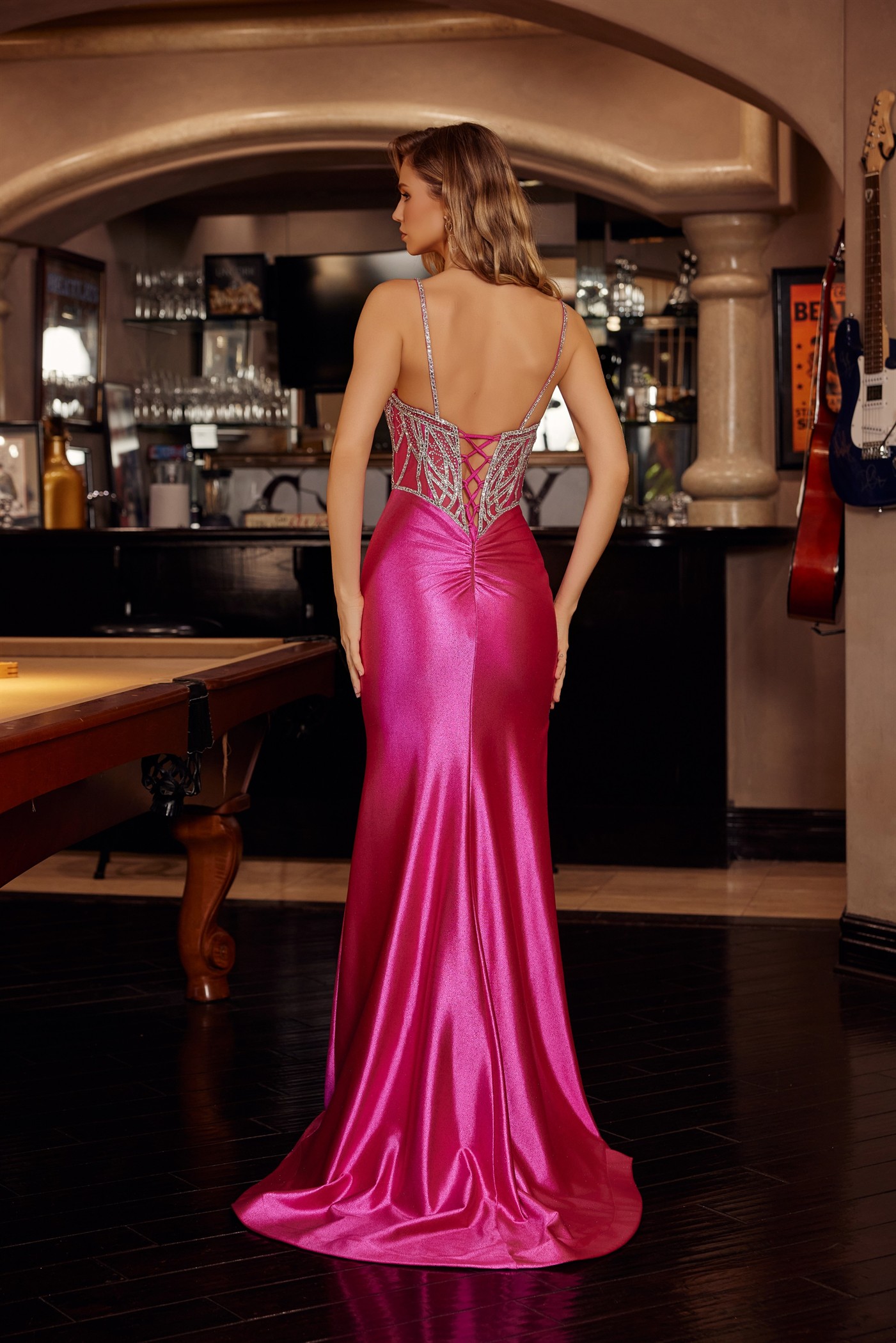 Fitted Shimmer Jersey Rhinestone Embellishments Lace Up Back Prom Dress #C1832