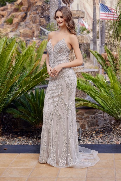 Strapless Beaded Gown With Peaked Neckline And Lace Up Back Prom Dress #C1833