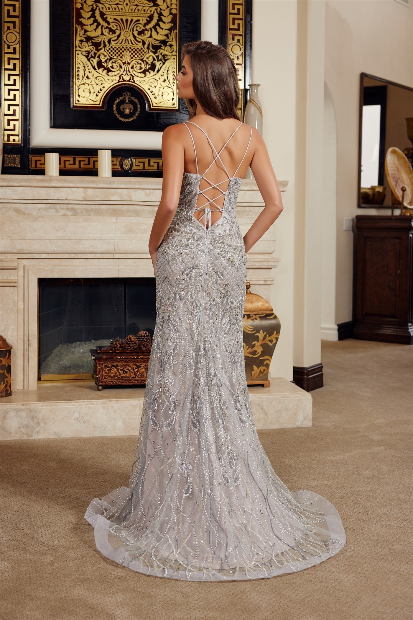 Fitted Beaded Embellishments Peaked Neckline Thigh High Slit Prom Dress #C1834