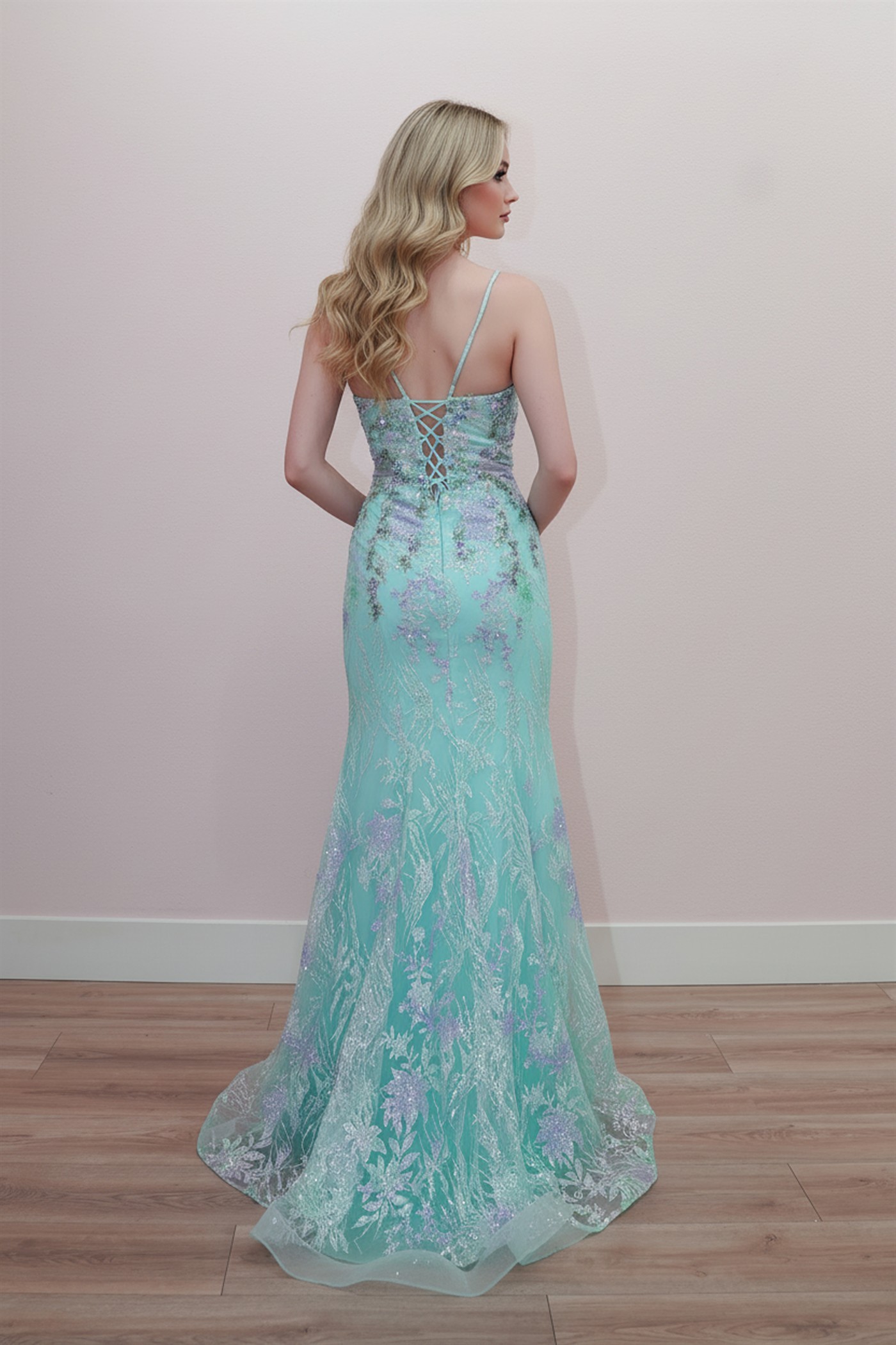 Fitted Mermaid Glitter And Woven Embellishment Lace Up Back Prom Dress #C1839