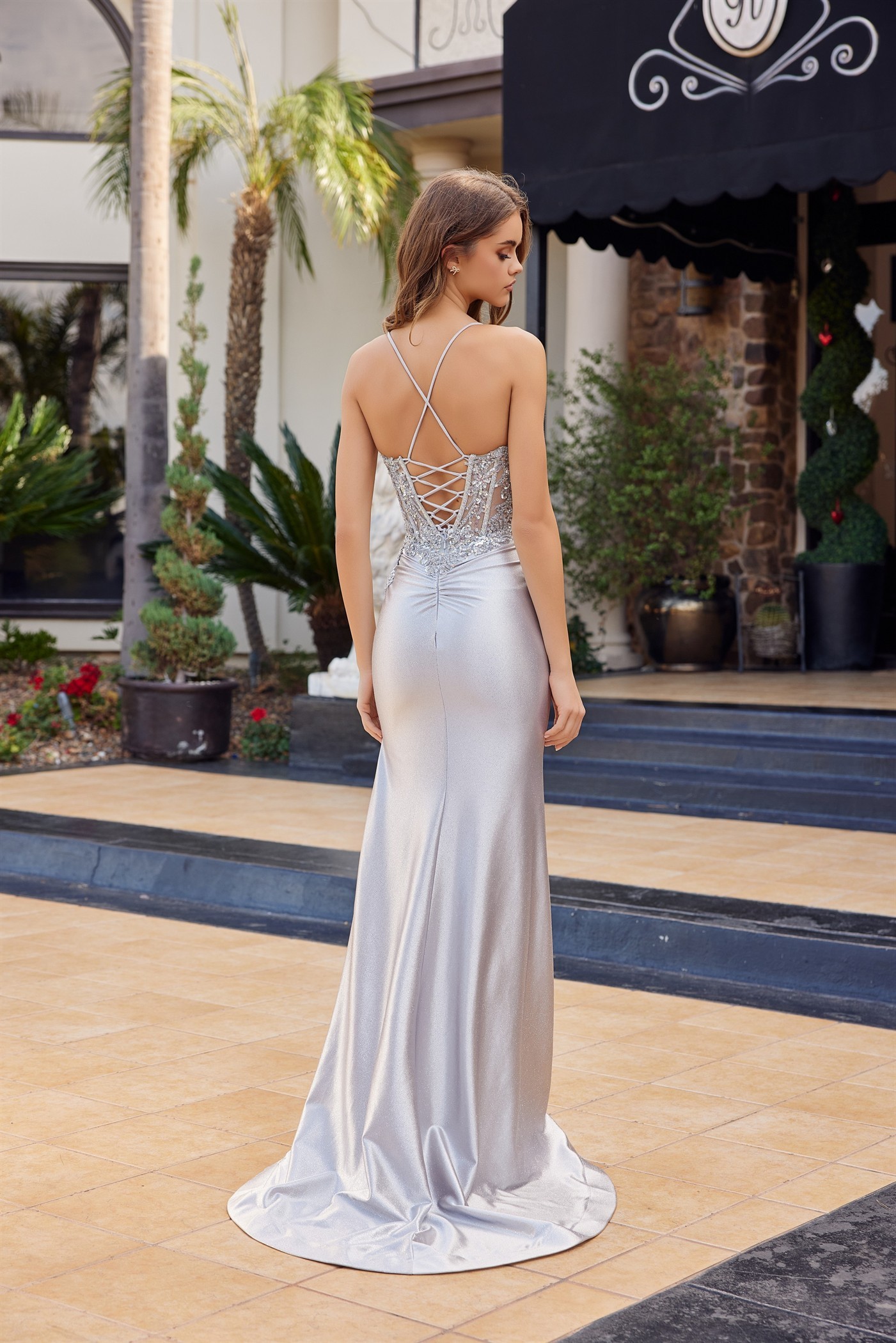 Glitter Dusted Satin Sequined Embellishments Illusion Plunge Prom Dress #C1841