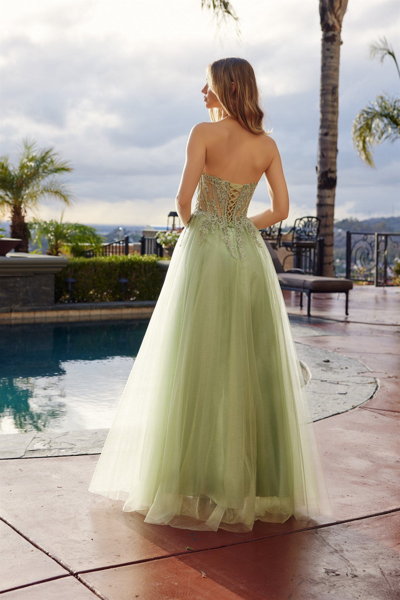 Mesh A-Line Peaked Neckline Sequin Embellishments Thigh Slit Prom Dress #C1843