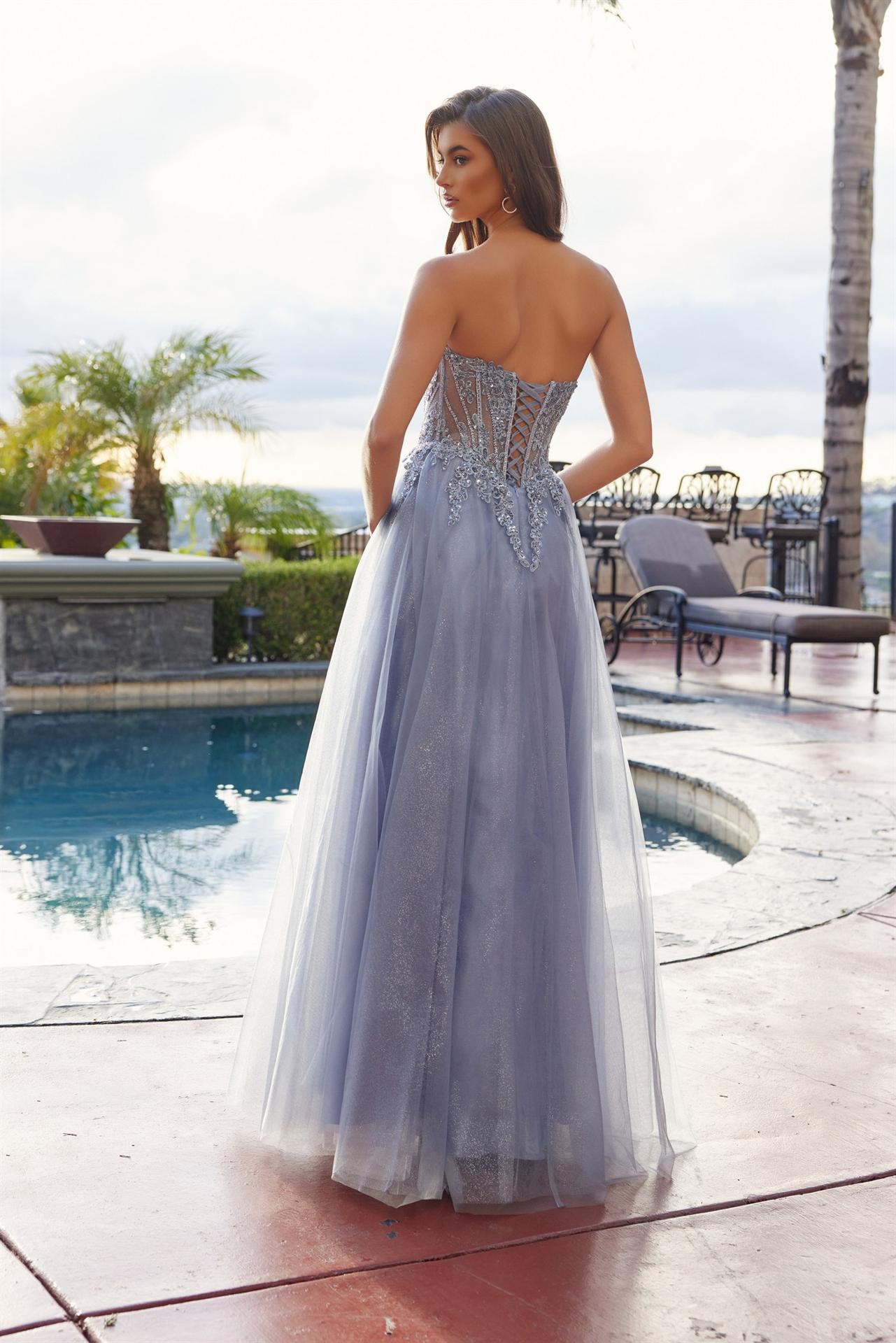 Mesh A-Line Peaked Neckline Sequin Embellishments Thigh Slit Prom Dress #C1843