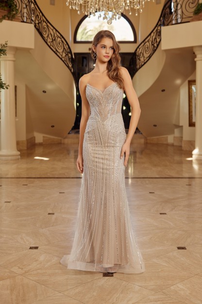 Strapless Beaded Tulle Gown Peaked Neckline Lace Up Closure Prom Dress #C1844