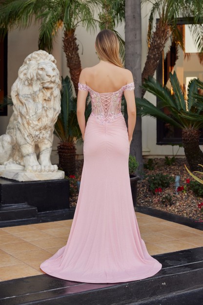 Fitted Off Shoulder Woven Embellishments Shimmer Jersey Prom Dress #C1845