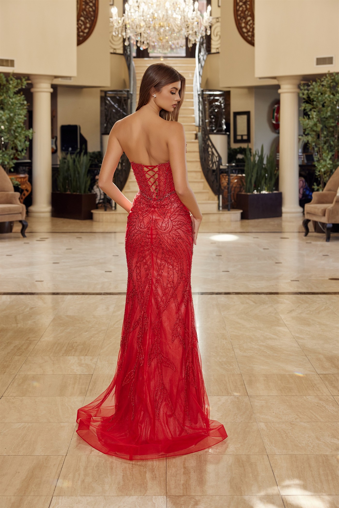 Fitted Beaded Tulle Strapless Keyhole Bodice Lace Up Closure Prom Dress #C1848