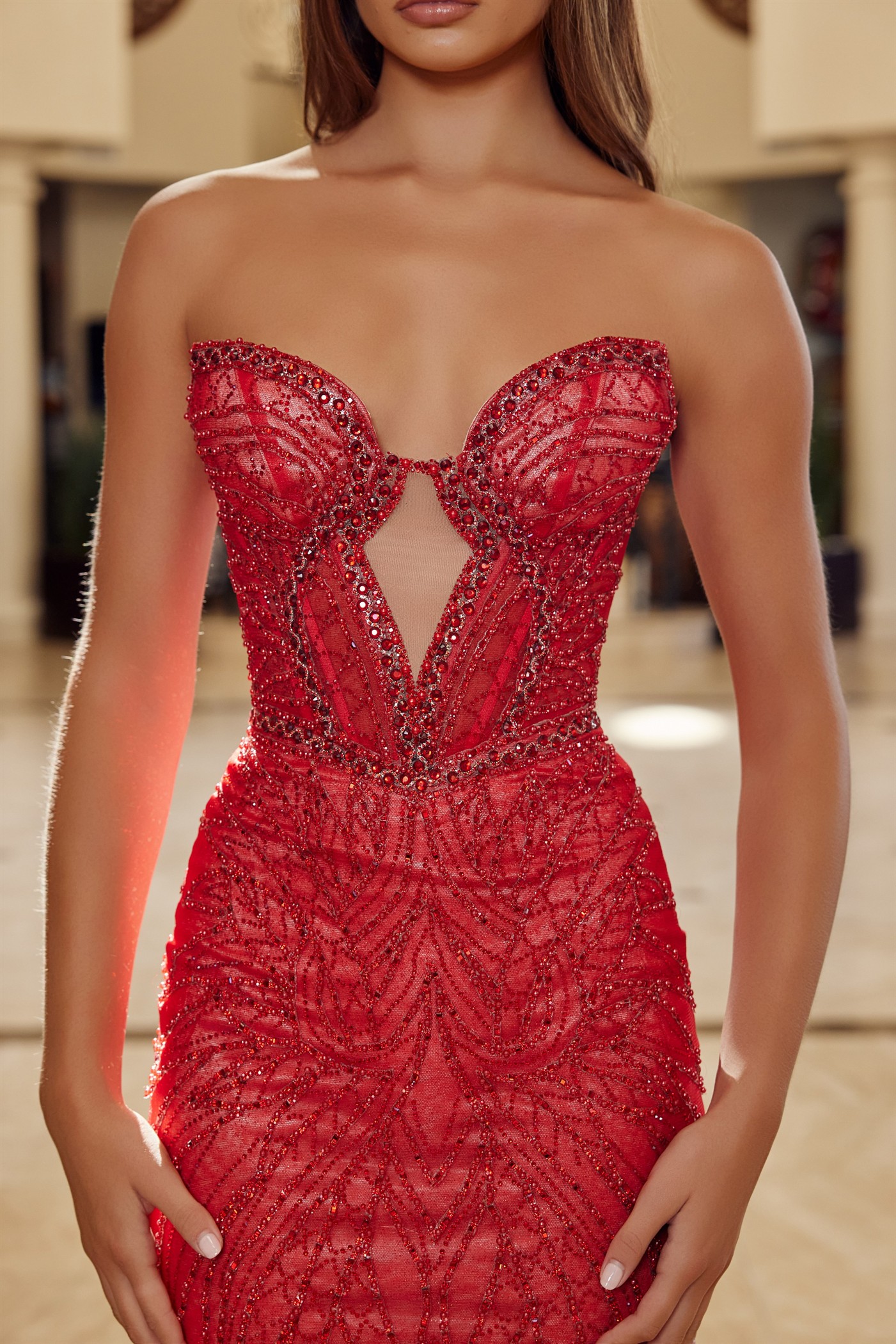 Fitted Beaded Tulle Strapless Keyhole Bodice Lace Up Closure Prom Dress #C1848