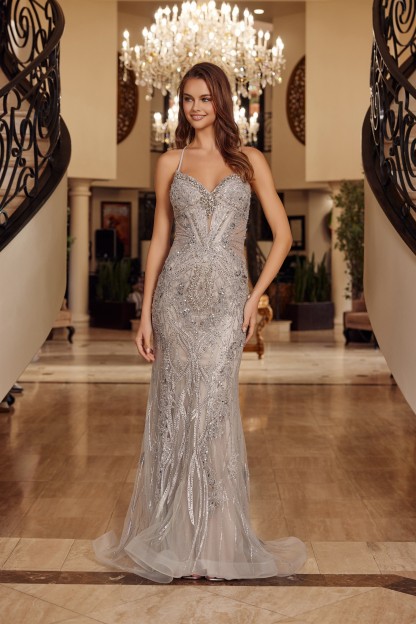 Peaked Neckline Beaded Tulle Lace Up Closure Spaghetti Strap Prom Dress #C1849