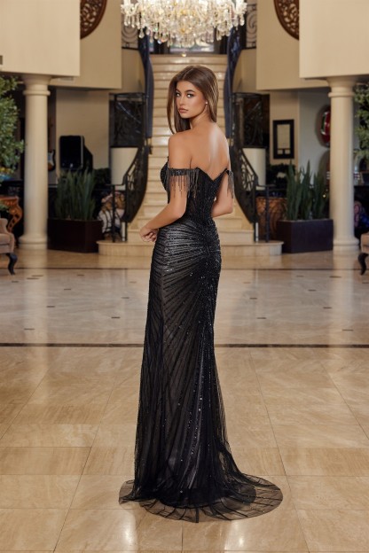 Off Shoulder Fully Beaded Fitted Gown With A Thigh High Slit Prom Dress #C1850