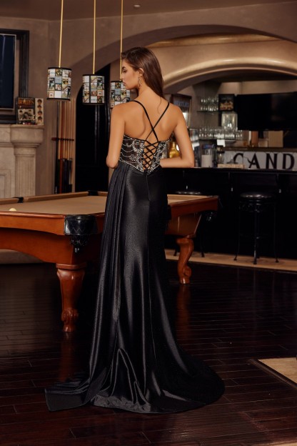 Rhinestone Embellished Bodice Heatstone Stretch Satin Prom Dress #C1852