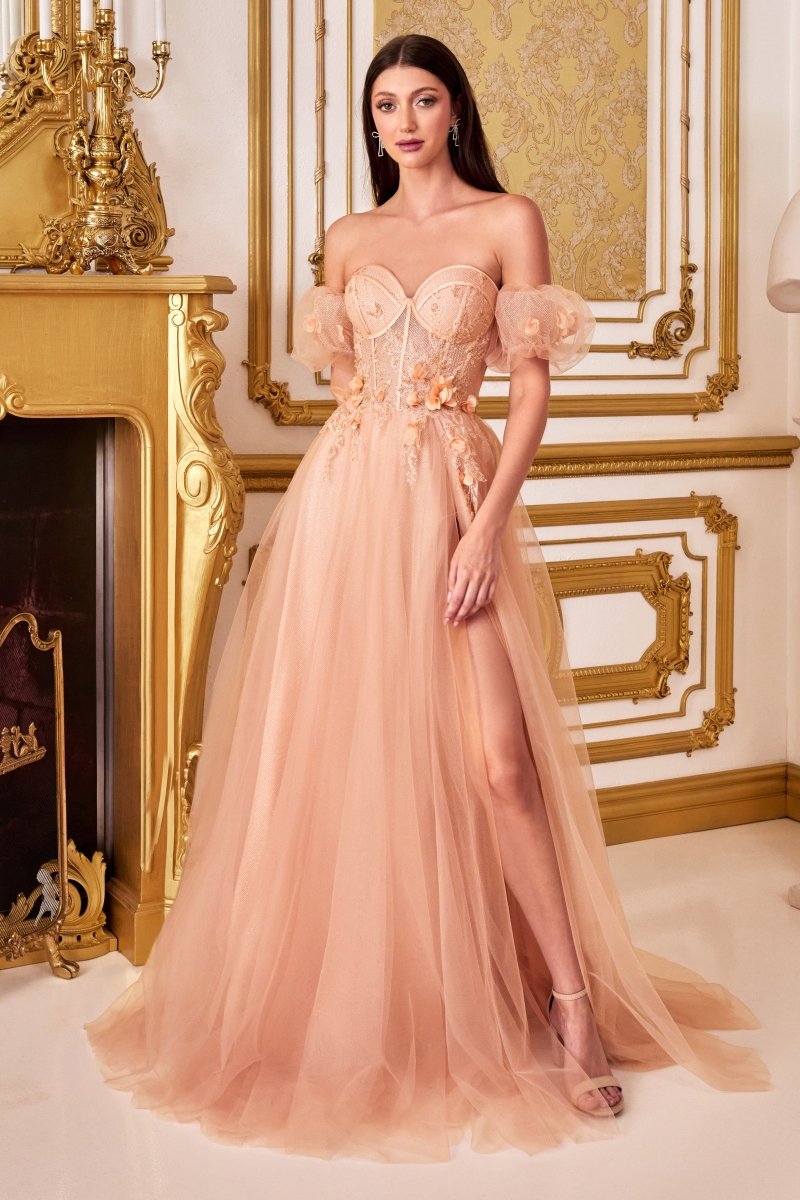 A-Line Strapless Tulle Floral Appliques Layered Ball Gown #CB080