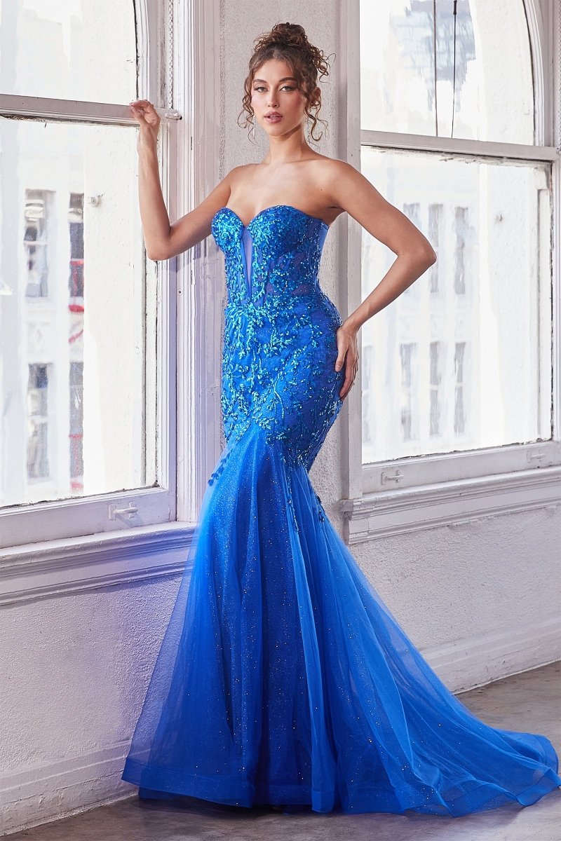 Exquisite Deep Plunging Illusion Strapless Sweetheart Mermaid Gown #CB139